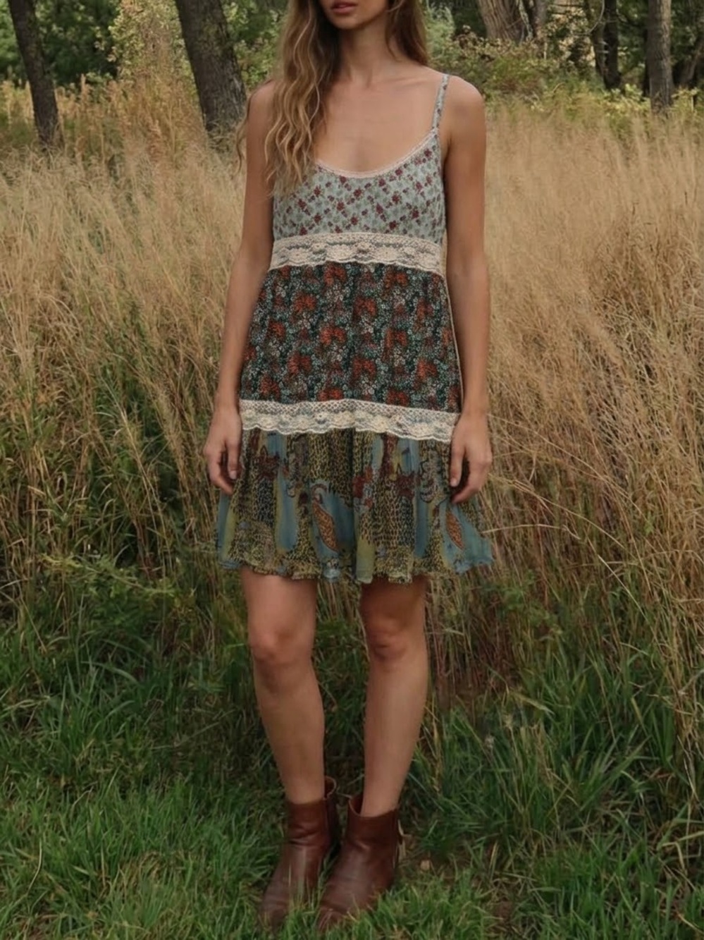 American Rag Boho Floral Tiered Lace-Trim Lined Mini Dress Sz M/L
Cottage core